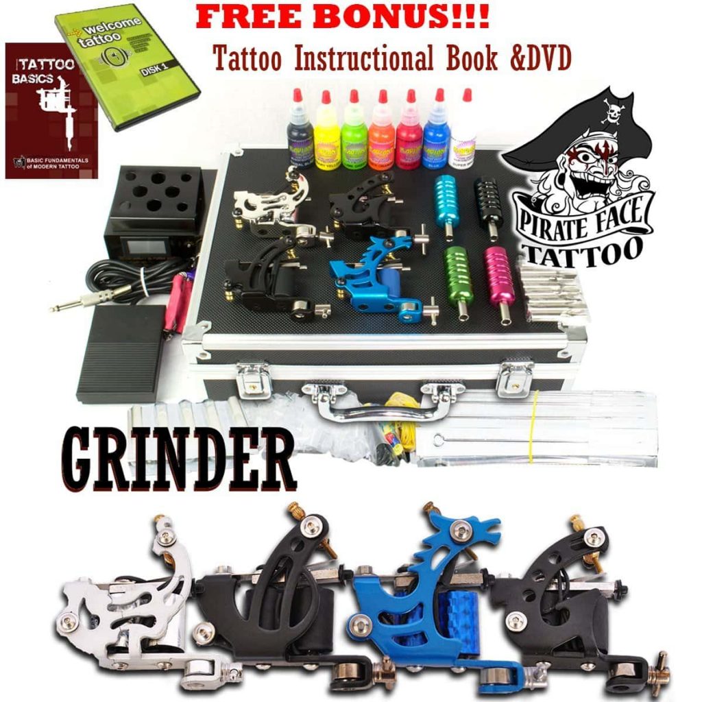 GRINDER Tattoo Kit by Pirate Face Tattoo with 4 Tattoo Machine Guns