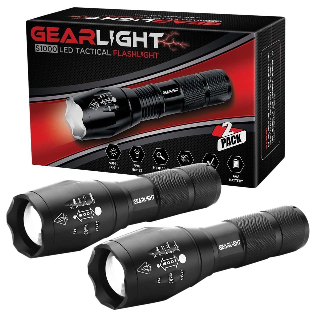 GearLight LED Tactical Flashlight S1000 [2 PACK] - High Lumen, Zoomable, 5 Modes, Water Resistant, Handheld Light