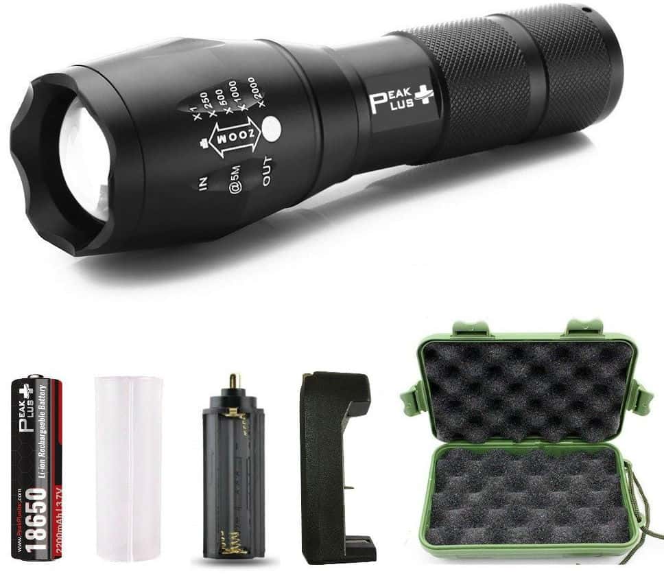 PeakPlus Super Bright LED Tactical Flashlight Zoomable Adjustable Focus 5 Modes Water Resistant Torch